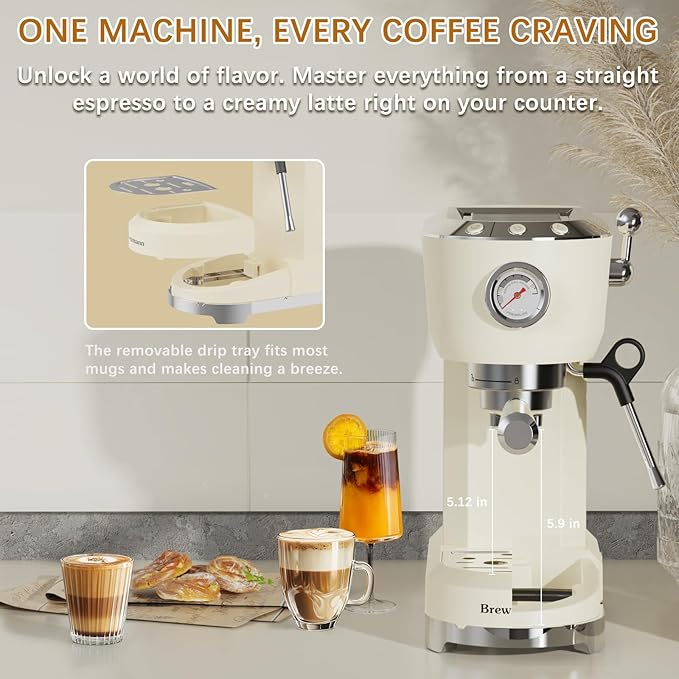 Espresso Machine 20 Bar, Latte and Cappuccino Machine with Steam Milk Frother, Fast Heating, Professional Espresso Maker for Home, 42oz Removable Water Tank, Cream