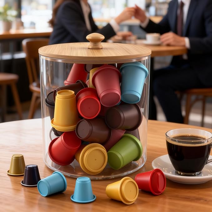 yaenoei 2 Pack Coffee Pod Holder with Bamboo Lid, Clear Coffee Pods Storage Basket Large Capacity K Cup Holder for Kitchen Countertop, Coffee Filter Holder, Cafe Bar Organizer, Office Desktop