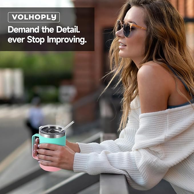 Volhoply 16oz Insulated Coffee Mug with Lid and Straw, Stainless Steel Travel Mugs with Handle, Double Wall Vacuum Leak Proof Coffee Tumbler Cup (Green Pink,1)