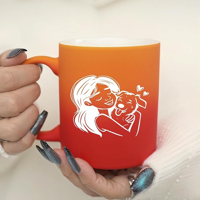 G MUGS Dog Lover Hug Ceramic Coffee Mug - 13oz Tea Mug with Girl & Dog Hug Design, Gift for Dog Owners Women Red And Yellow Mug