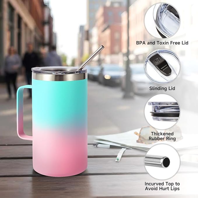 Volhoply 24oz Insulated Coffee Mug with Lid and Straw, Stainless Steel Travel Mugs with Handle, Double Wall Vacuum Leak Proof Coffee Tumbler Cup (Green Pink,1)