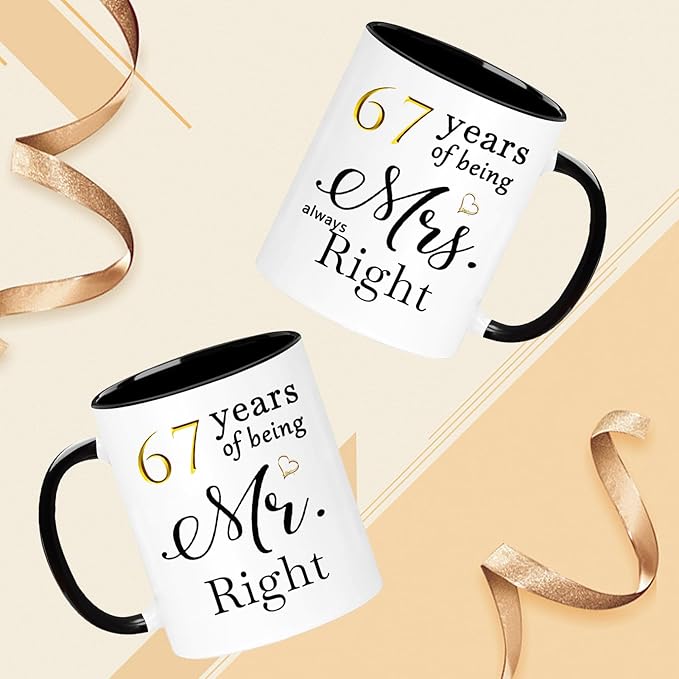 WOSIWULA 67 Year Anniversary Birthday Coffee Mugs Set of 2, 67th Wedding Anniversary Decorations Gifts for Couple Grandparents Parents Women Men Wife Husband Her Him, 67th Birthday Gifts, 11oz