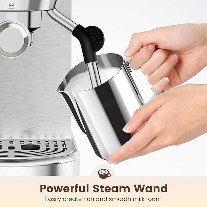 Espresso Machine 20 Bar, Compact Espresso Maker, Stainless Steel Professional Expresso Coffee Machines with Steam Milk Frother & 34oz Removable Water Tank for Home & Office, Latte, Cappuccino, Silver