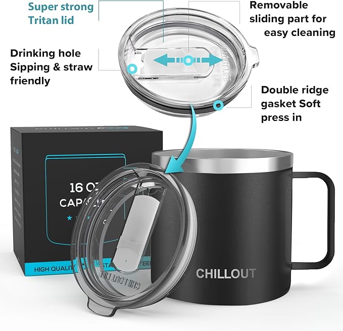 CHILLOUT LIFE Stainless Steel 16 oz Vacuum Insulated Coffee Mug with Handle and Lid, Large Thermal Camping Coffee Mug Cup with Durable Sliding Lid for Men & Women, Keeps your Beverages Hot &Cold