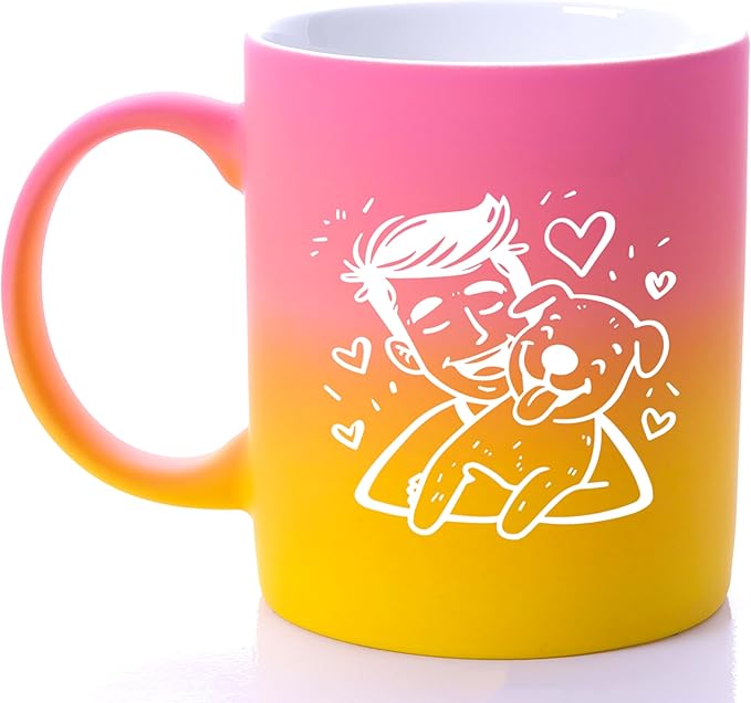 G MUGS Ceramic Coffee Tea Mug, Cute Boy & Dog Hug Design Mug (Solid Purple), Adorable Pet Lover Gift for Men Women,13oz Yellow And Pink Mug