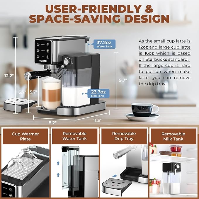 TENKER Espresso Machine 20 Bar, Cappuccino Machine with Automatic Milk Frother, Latte Machine in Stainless Steel Design, 1350W Touchscreen Coffee Maker for Home and Office (Silver)