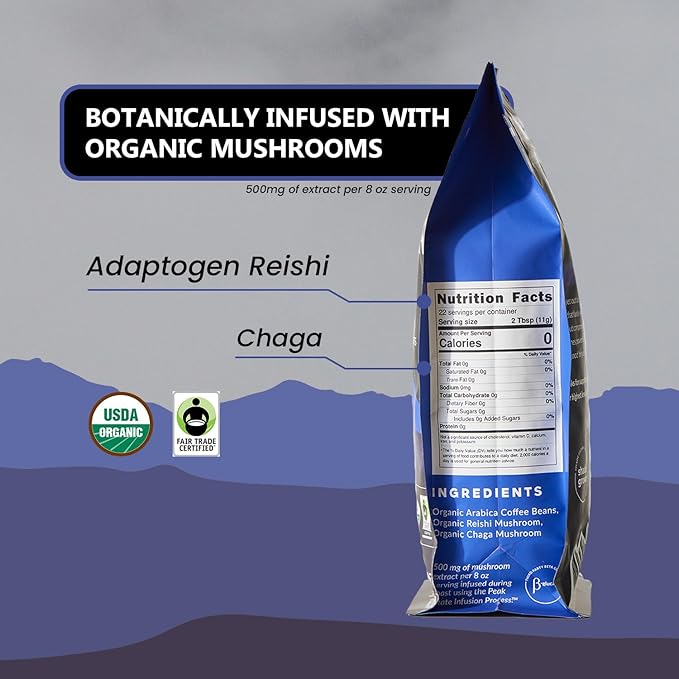 Peak State Coffee with Benefits - Mushroom Coffee Organic Beans - STRESS LESS Dark Roast Adaptogen with Reishi & Chaga - Mold Free, Mycotoxin Free,Vegan, Paleo, Dairy Free, Gluten-Free, Non-GMO (12 oz Bag, Whole Bean - $1.13/cup)