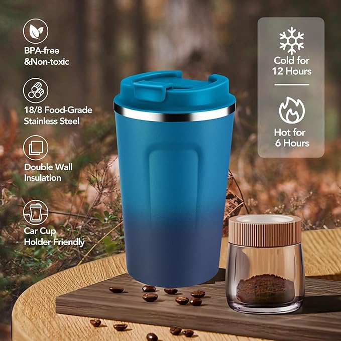 Volhoply 12 oz Double Wall Insulated Vacuum Travel Coffee Mug with Flip Lid,Reusable Stainless Steel Leak Proof Coffee Cup,Portable Cafe Thermal Tumbler Suitable for Hot&Cold Drinks(Dark Night,1 Set)