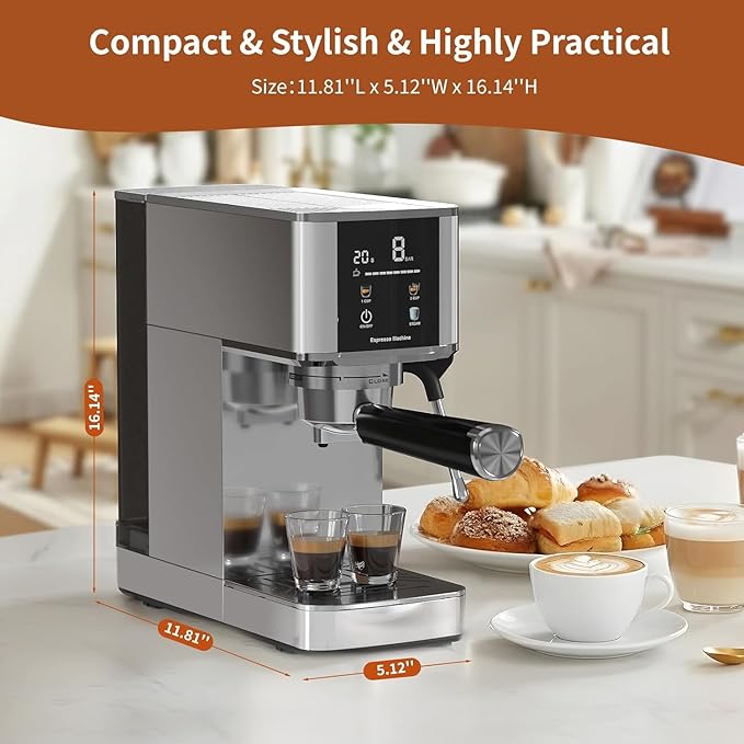 Kismile Espresso Machine 20Bar with Milk Frother, Professional Coffee Maker with Capsule Funnel|LED Display|48oz Removable Water Tank, Pre-Infusion for Espresso, Cappuccino at Home or Office
