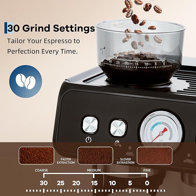 20-Bar Espresso Coffee Machine with Built-In Grinder, 2.8L Removable Tank, Adjustable Shot Volume & Steam Wand, Stainless Steel Coffee Maker for Home or Office