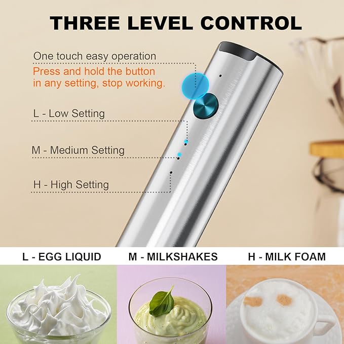 Soenglyun Rechargeable Milk Frother with Stand, 3 Speeds Drink Mixer Handheld with 2 Heads, Electric Frother Wand for Coffee, Latte, Cappuccino, Hot Chocolate, Matcha and Egg Mini Frother, Silver