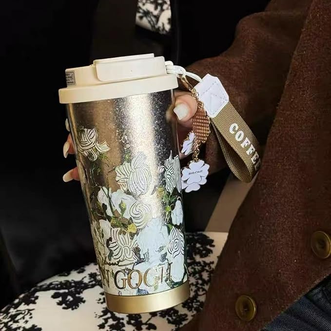 JWANGYUDG-100% Fully Titanium 17.5 oz Mug, 12-hour Thermal Insulation Coffee Mug, Artistic Travel Coffee Mug, Reusable Coffee Cup (White Roses)