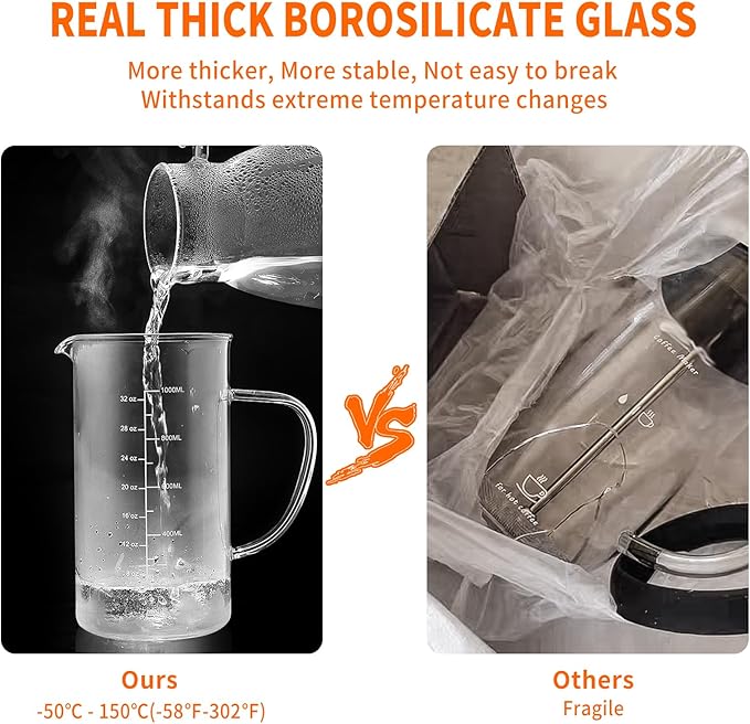wedrink 34oz French Press Coffee Maker - Thicken Heat-Resistant Borosilicate Glass Bamboo Lid Plastic Free Coffee Press (1000ml)