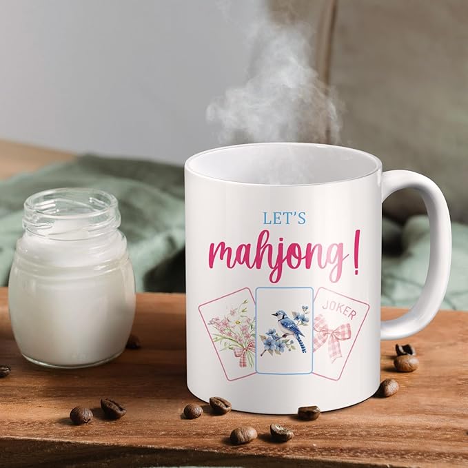 Coquette Bow Floral Bird Mahjong Mug, Mahjong Gifts for Women Coffee Cup Ceramic, Gifts for Mah Jong Lovers Players Ceramic Coffee Tea Mug 11 oz