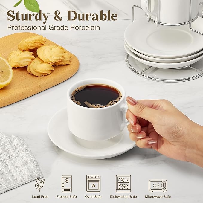NWYSZ 5 Ounce White Porcelain Stackable Espresso Cups with Stainless Steel Holder, Set of 4, Durable Ceramic, Perfect for Home, Office or Gift
