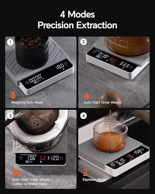 Digital Coffee Scale with Timer - Mini Espresso Scale with Flow Rate Indicator & Brew Ratio, 4 Smart Modes Rechargeable 2kg/0.1g Precision Scale for Pour Over, Kitchen, Matcha, White