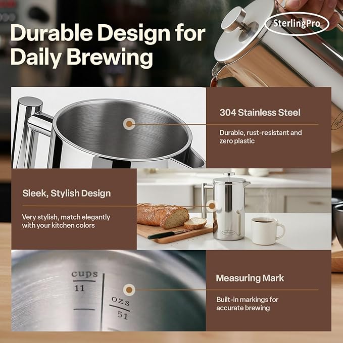 Stainless Steel French Press Coffee Maker Large 1.5 L(51 oz) Mirror – Durable Double Walled Insulated Coffee Press Keeps Drinks Hot, Easy to Use and Clean Stylish Design for Rich Flavor