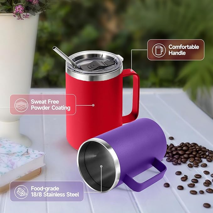 Volhoply 16oz Insulated Coffee Mug with Lid and Straw, Stainless Steel Travel Mugs with Handle, Double Wall Vacuum Leak Proof Coffee Tumbler Cup (Mix,2)