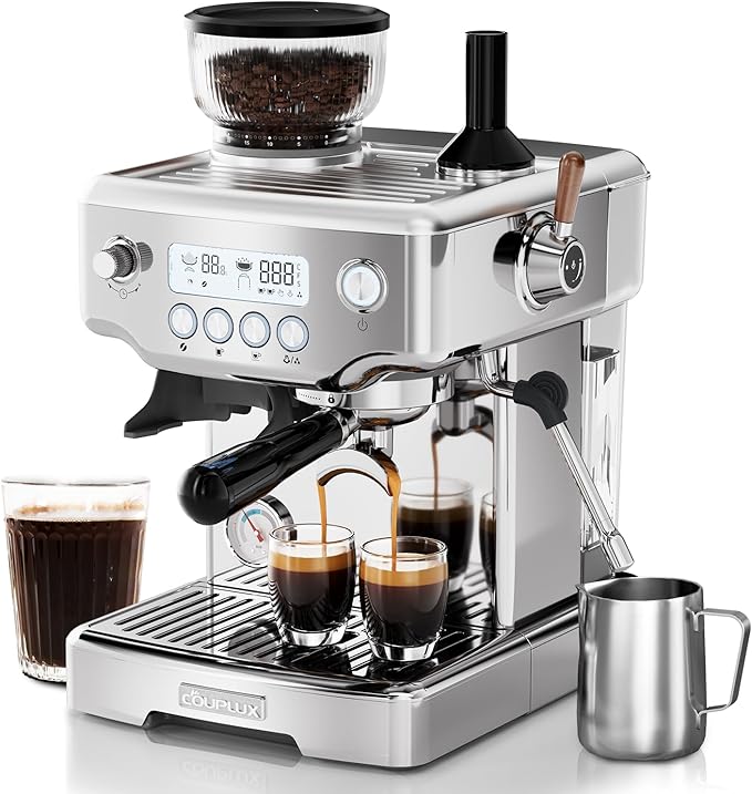 Espresso Machine, 4-IN-1 Professional 58MM Espresso Machine with Grinder 5 Temp Adjust & Compact Espresso Maker 15 Bar with Powerful Milk Frother, One-Touch Americano/Espresso, Stainless Steel