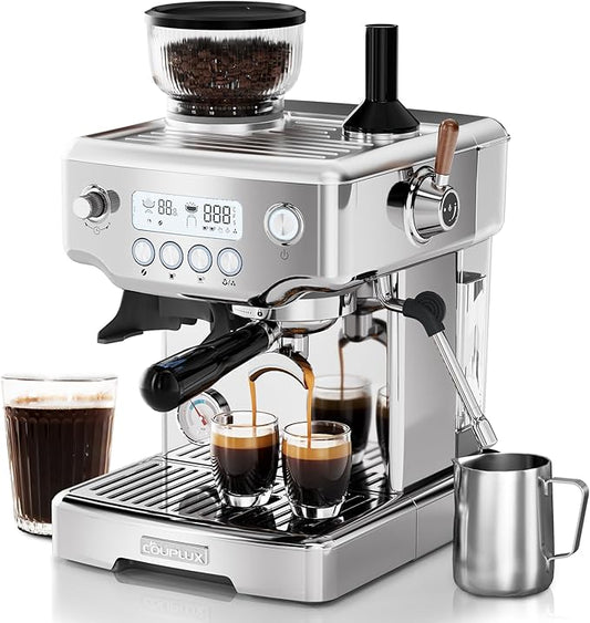 Espresso Machine, 4-IN-1 Professional 58MM Espresso Machine with Grinder 5 Temp Adjust & Compact Espresso Maker 15 Bar with Powerful Milk Frother, One-Touch Americano/Espresso, Stainless Steel