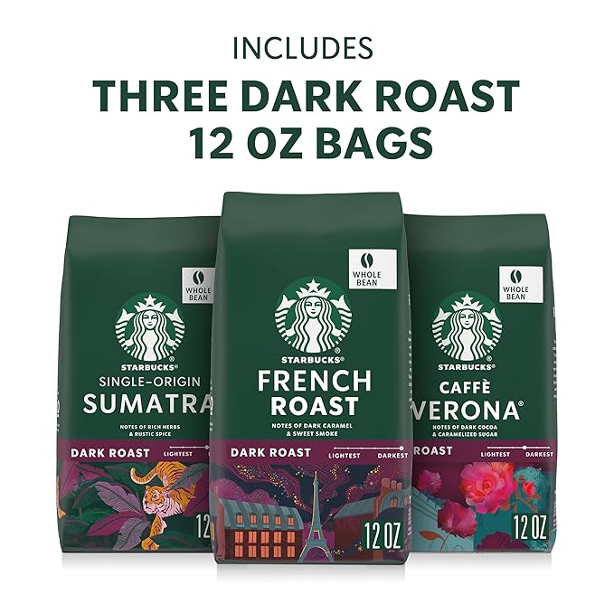 Starbucks Whole Coffee Beans, Dark Roast Hot or Iced Coffee, Variety Pack, Three 12 oz Bags