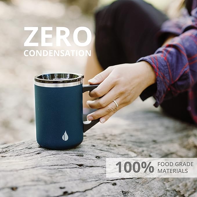 Elemental Insulated Coffee Mug - Triple-Wall Stainless Steel Summit Travel Cup for Hot and Cold Drinks - Thermal Coffee Mug with Lid and Handle for Camping, Office & Travel 16oz - Navy Blue
