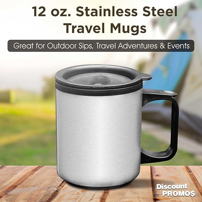 DISCOUNT PROMOS Stainless Steel Travel Mugs with Handle 12 oz. Set of 10, Bulk Pack - Perfect for Coffee, Soda, Other Hot & Cold Beverages - Stainless Steel