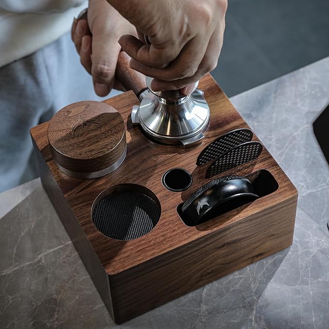 Walnut 58mm Espresso Accessories Kit Includes Espresso Knock Box, Tamper Station, Calibrated Espresso Tamper, Adjustable Distribution Tool, Coffee Bean Dosing Cup and RDT Spray Bottle