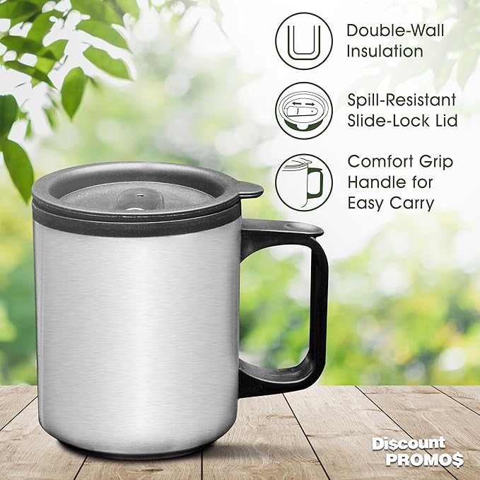 DISCOUNT PROMOS Stainless Steel Travel Mugs with Handle 12 oz. Set of 10, Bulk Pack - Perfect for Coffee, Soda, Other Hot & Cold Beverages - Stainless Steel