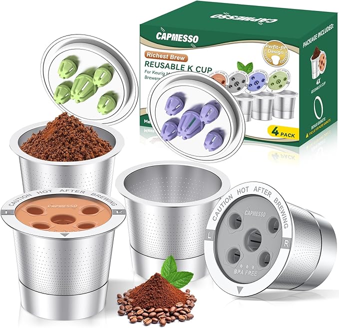 CAPMESSO Reusable K Cups for Keurig: 2025 Updated My K Cup Stainless Steel Coffee Pod Refillable Coffee Filters for K Supreme/K Slim/k-Duo Gen 2/K-Brew Chill with Multistream Technology (4 Pack)