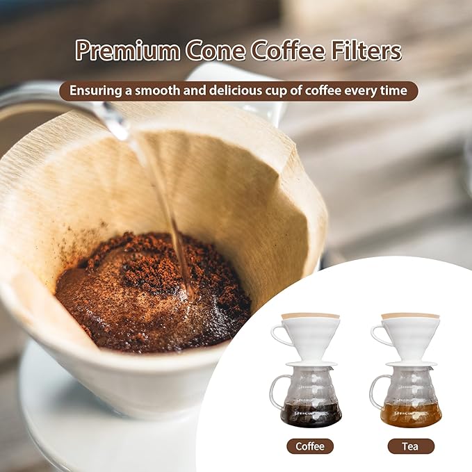PakTalk 600 Count Cone Coffee Filters #4, Natural Brown Paper Cone Shaped Coffee Filters for Pour Over and Drip Coffee Maker (100 Count, Pack of 6)