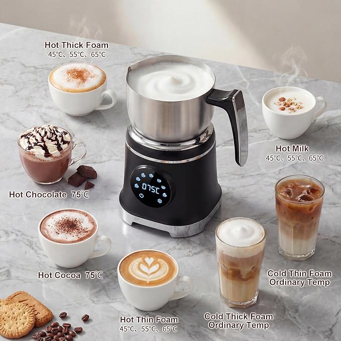 VIPDIGI 7-IN-1 Milk Frother, 20.3 OZ Milk Frother and Steamer with Temperature Control Stainless Steel Electric Milk Frother Dishwasher Safe Hot and Cold Foam for Latte Hot Chocolate Cocoa (Black)