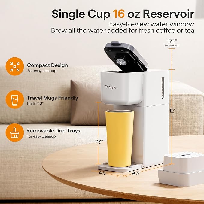 Tastyle Single Serve Coffee Maker for K Cup, Ground and Tea, Hot and Iced Coffee Machines with Bold Setting, 6 to 16 Oz Brew Sizes, Compact for Small Spaces, White (2.0 Version)