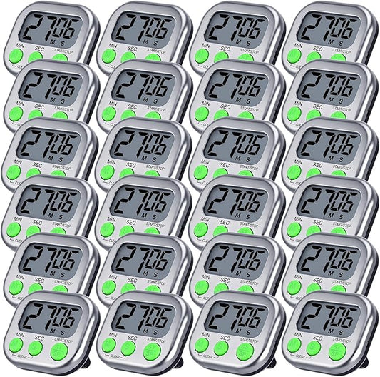 Leumoi 24 Pcs Digital Kitchen Timers Magnetic Back Timers Bulk Large Screen Loud Alarm On/Off Switch Minute Second Count up Countdown Memory Setting for Cooking Classroom Exercise (Sliver and Green)
