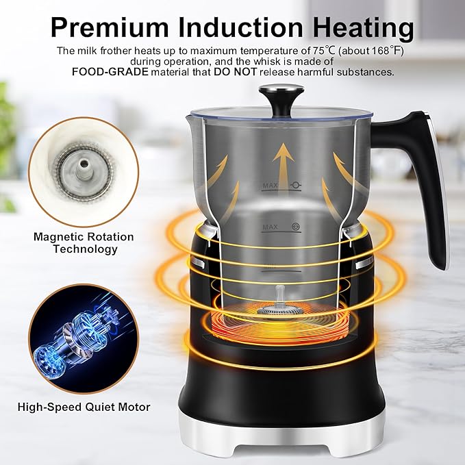 VIPDIGI 7-IN-1 Milk Frother, 20.3 OZ Milk Frother and Steamer with Temperature Control Stainless Steel Electric Milk Frother Dishwasher Safe Hot and Cold Foam for Latte Hot Chocolate Cocoa (Black)