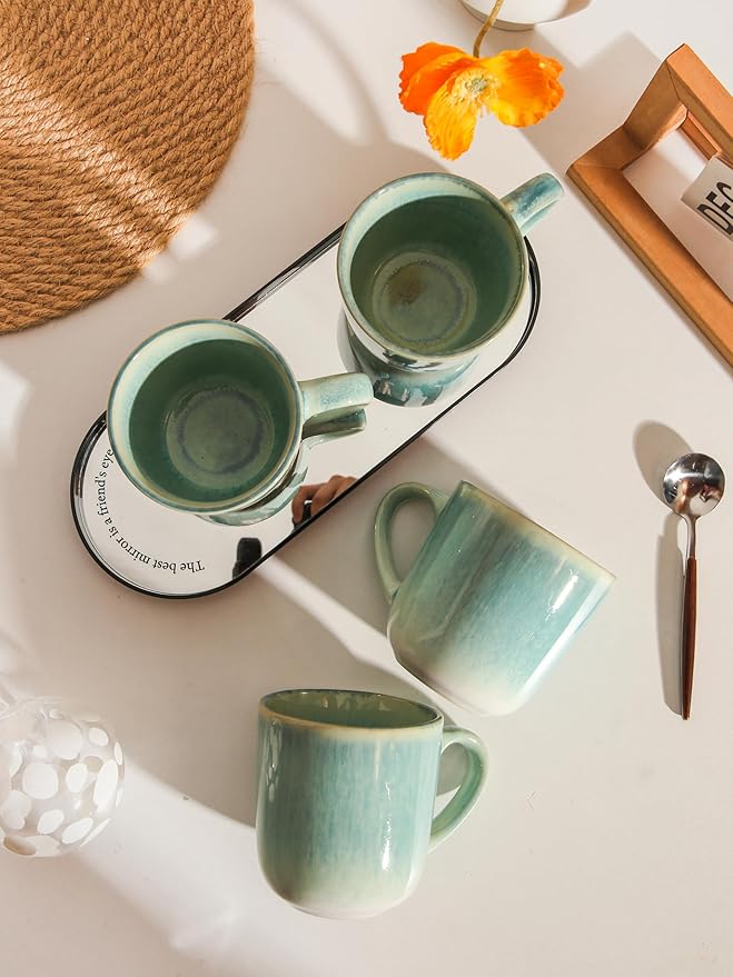 Stoneware Coffee Mugs Set of 4, 12 oz Aqua Ceramic Coffee Cups Microwave and Dishwasher Safe Stackable Coffee Mug Set with Easy Grip Handle for Home Kitchen Office Gift Set