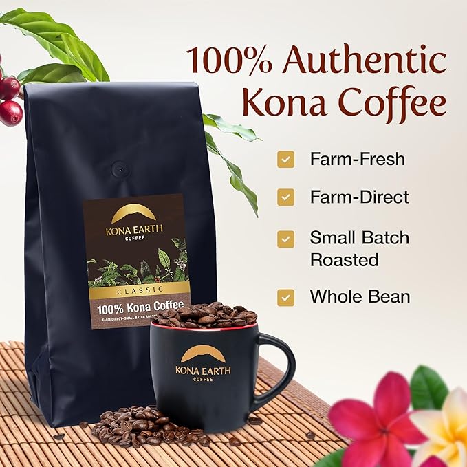 KONA EARTH 100% Kona Coffee, Classic Medium Dark Roast, Whole Bean, 5 lb (80 oz) Farm-Direct Authentic Hawaiian Kona Coffee beans from Hawaii’s Big Island, Micro-Batch-Roasted