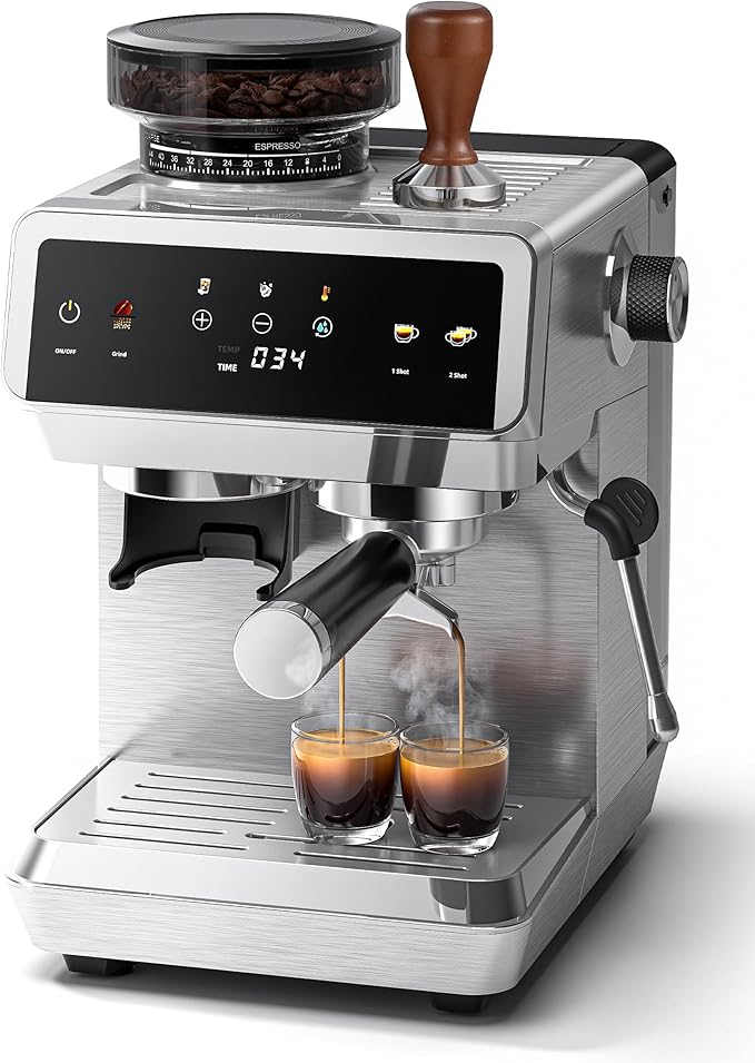 AMZCHEF Espresso Machine with Grinder: 20 Bar Semi Automatic Coffee Machine with 44 Grind Settings, 4-Temperature for Hot & Cold Brew | 8mm Milk Frother for Latte & Cappuccino,Stainless Steel