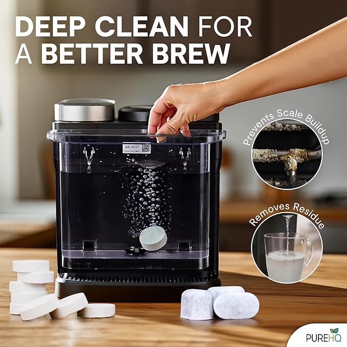 Coffee Maker Cleaner Tablets – 24 Count, Descaling Tablets for Keurig and Breville Machines – Includes 6 Water Filter Cartridges – Deep Cleaning Descaler Tab for Espresso & Single-Serve Coffee Makers