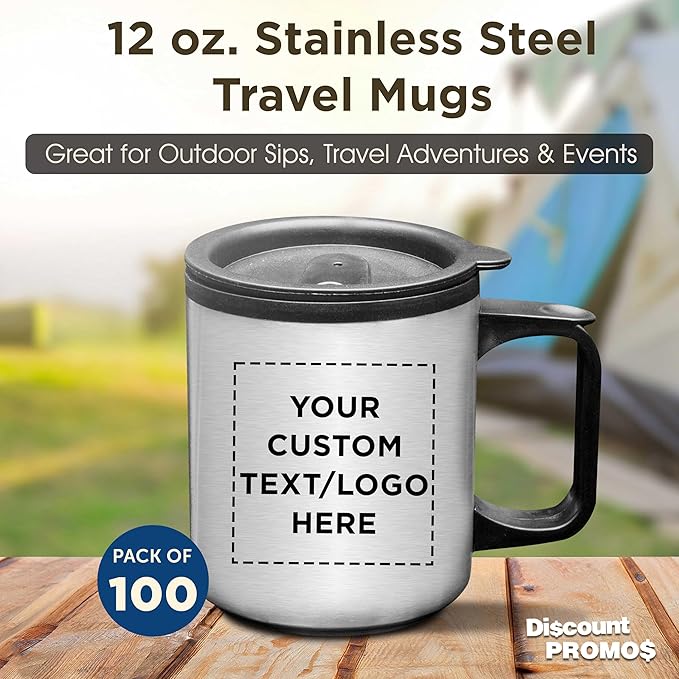 DISCOUNT PROMOS Custom Stainless Steel Travel Mugs with Handle 12 oz. Set of 100, Personalized Bulk Pack - Perfect for Coffee, Soda, Other Hot & Cold Beverages - Stainless Steel