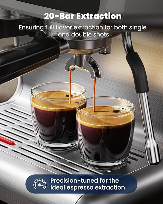 Coffee Maker with Grinder, 30 Settings & 20 Bar Pump, Espresso Machine with 58mm Portafilter & Milk Frother for Cappuccino or Latte