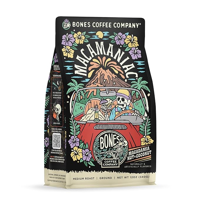 Bones Coffee Company Macamaniac, Macadamia and Coconut Flavored Coffee, Medium Roast Low Acid Arabica Beans Compatible with Auto drip and French Press Coffee Maker, 12 Oz Ground