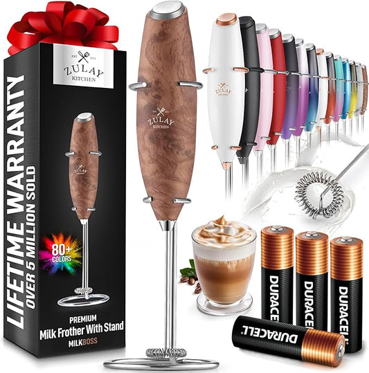 Zulay Kitchen Powerful Milk Frother Wand With 4 AA Duracell Batteries - Ultra Fast Handheld Drink Mixer - Electric Whisk Foam Maker for Coffee, Lattes, Cappuccino, Matcha & Creamer