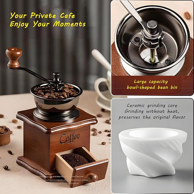 Portable Manual Coffee Grinder, Vintage Solid Wood Coffee Mill with Precision Adjustable Gear & Flavor-Preserving Ceramic Conical Burr, Hand Grinder for Home & Travel
