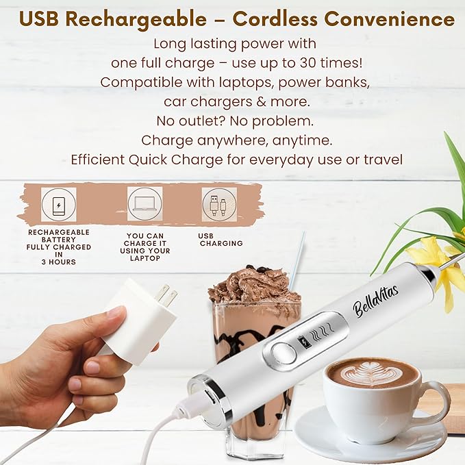 BellaVitas Milk Frother Handheld Rechargeable 3-Speed Electric Frother Wand Whisk Foam Maker Drink Mixer with Stand, 2 Whisks, Spice Shaker, Art Stencils, Art Pen for Coffee Latte, Cappuccino, White