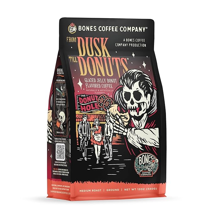 Bones Coffee Company From Dusk Till Donuts Jelly Donuts Flavored Coffee, Medium Roast Low Acid Arabica Beans Compatible with Auto drip and French Press Coffee Maker, 12 Oz Ground