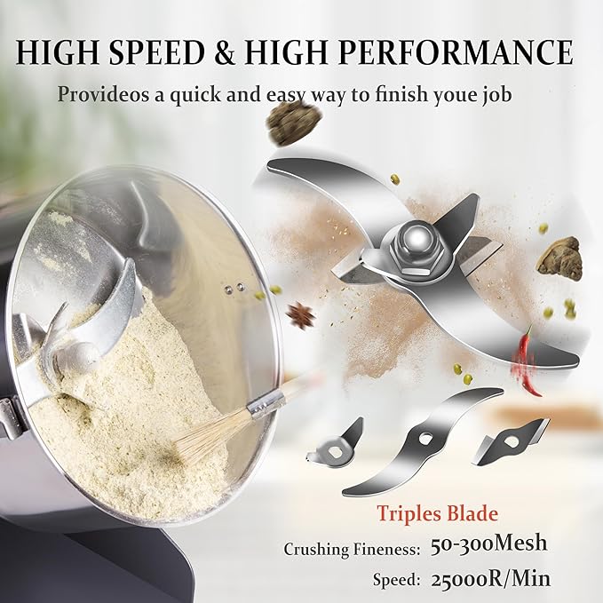 150g Grain Mill, flour mill grinder for home, Electric Stainless Steel Grain Grinder for Wheat, Spices, coffee,Corn and Other Dry Food Grinders for Kitchen