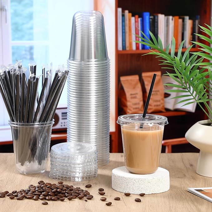 100 Set 14 oz Clear Plastic Cups with Lids and Straws, Disposable Iced Coffee PET Cups for Drinking Cold Beverage Juice Parfait Smoothie Milkshake Coffee Shops Party Supplies