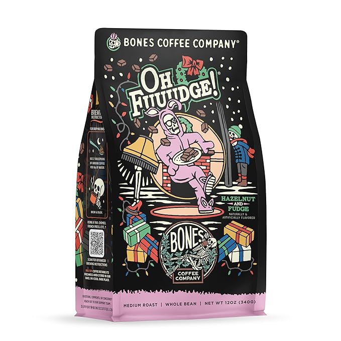 Bones Coffee Company Oh Fuudge, Chocolate Fudge Flavored Coffee, Medium Roast Low Acid Arabica Beans Compatible with Auto drip and French Press Coffee Maker, 12 Oz Whole Bean