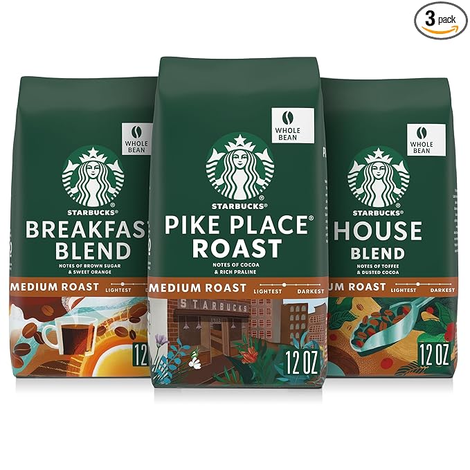 Starbucks Whole Coffee Beans, Medium Roast Hot or Iced Coffee, Variety Pack, Three 12 oz Bags